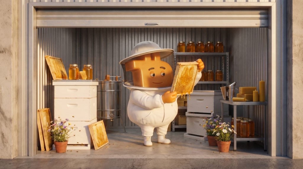 The West Main bitcoin beekeeper inspecting a full honeycomb — year one harvest